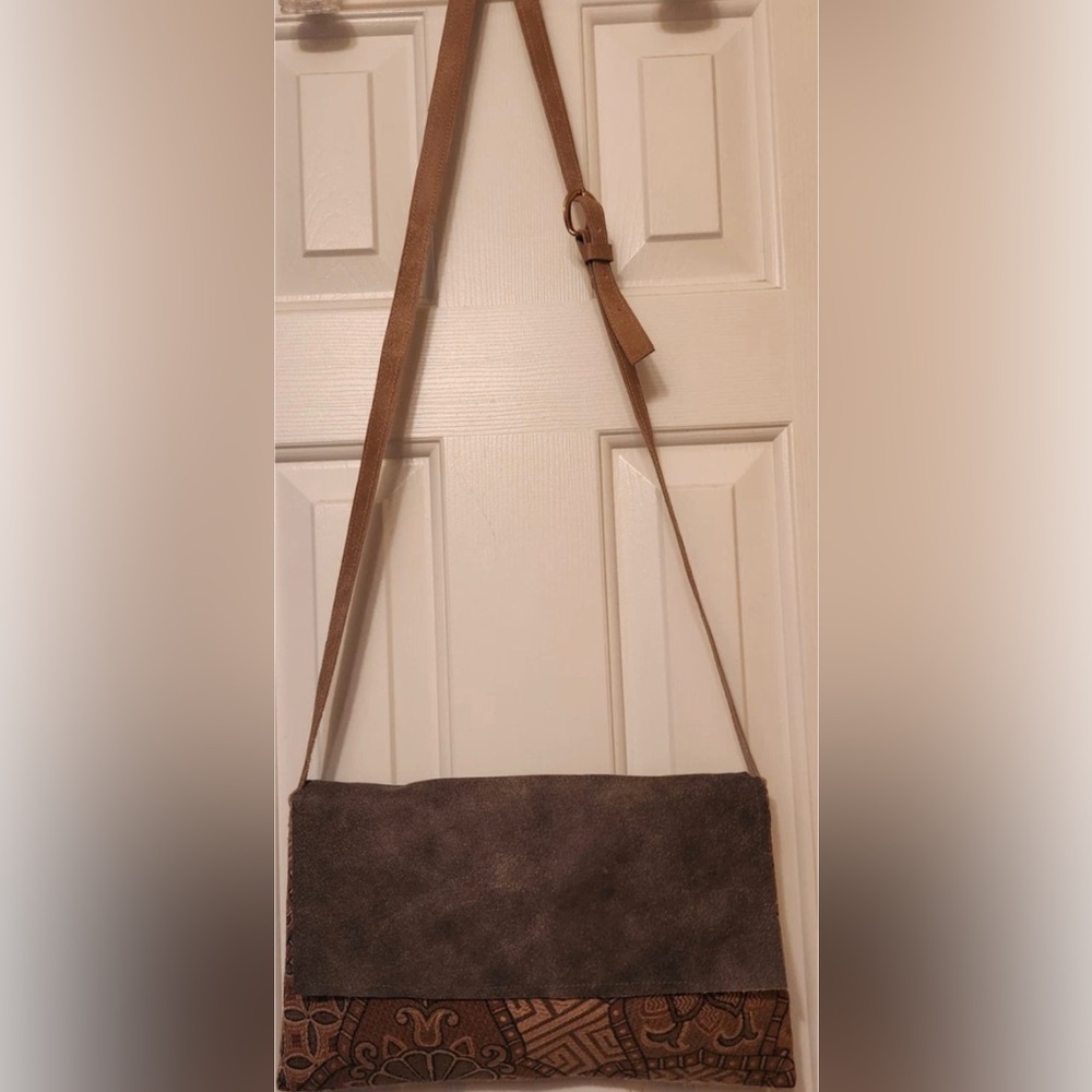 Robyn's Atelier 13" x 8" Tan Suede and Tapestry Crossbody Handbag